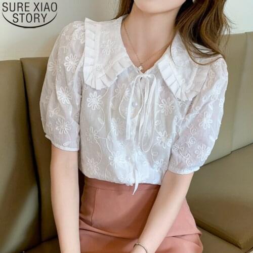 Cotton Women Blouse 2021 Summer New Lace-Up Peter Pan Collar Shirt Embroidery Puff Short Sleeve Women Tops Clothes Blusas 15262