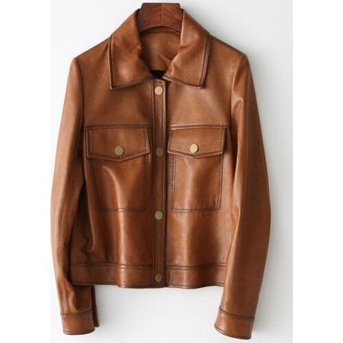 Vintage Spring Autumn Real Sheepskin Jacket Locomotive Slim High Quality Genuine Leather Coat Women Casual Outwear with Pockets