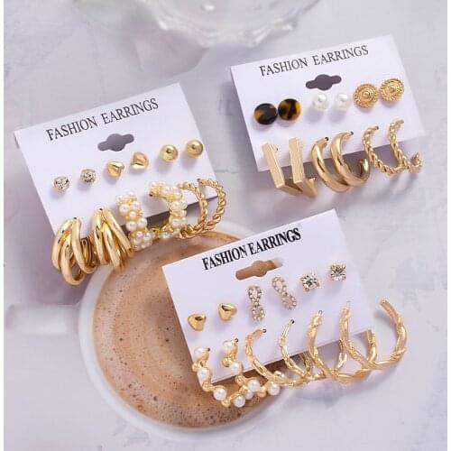 6Pairs/set Fashion Simulation Pearl Gold Color Geometric Square Hoop Earrings Set For Women Vintage Earings Jewelry Bijoux Femme