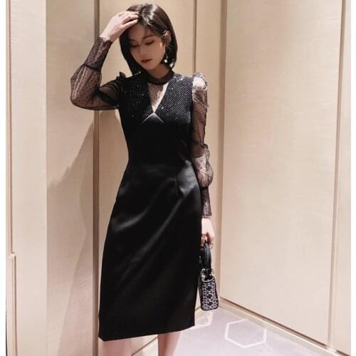 Hepburn Style Black Dress for Women Autumn Elegant Patchwork Mesh Bodycon Dress Ladies Long Sleeve Party Dresses Women Vestidos