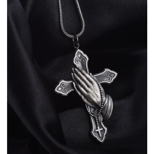 2021 Wholesale Cross-border Jesus Prayer Hands Religious Style Vintage Necklace Ancient Silvery Faith Mens Pendant