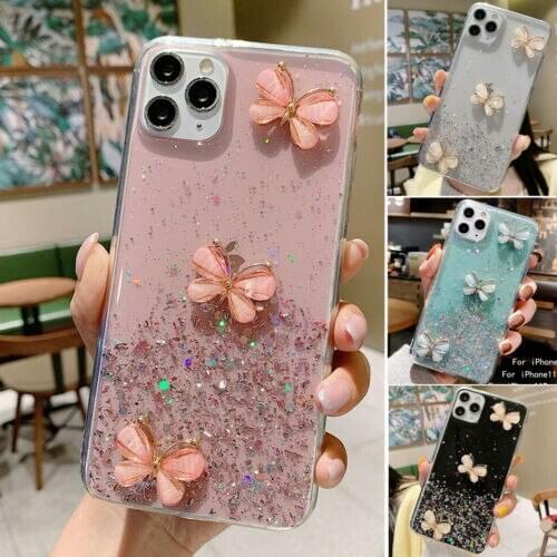 3D Cute Bling Glitter butterfly soft Case For iPhone1212 Pro Max 12 mini Case For 11 Pro Max XR X XS 6s 7 8 Plus back cover