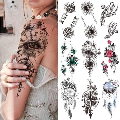 3D Eye Compass Temporary Tattoo For Women Girls Fake Lotus Chains Dream Catcher Tattoos Sticker Sun Flower Letter Tatoos Decor