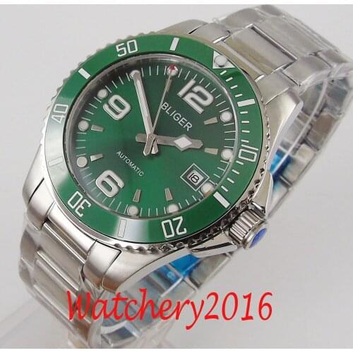 40mm bliger green dial date ceramic bezel sapphire glass automatic movement mens watch