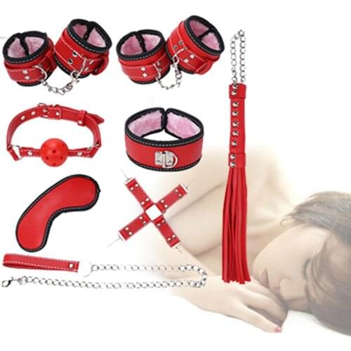 8Pcs Faux Leather Blinder Hand Foot Cuff Whip Rope Neck Collar Sex BDSM Toys Set Sex toys Soft and safe materials easy to use