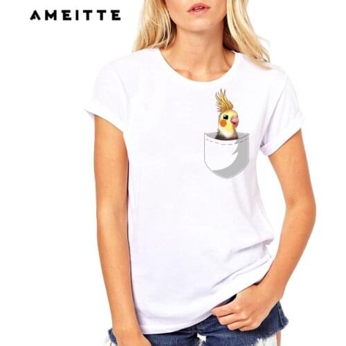 AMEITTE 2021 Summer Tops Funny Cockatiel Parrot Print T Shirts Base O-Neck Women Pocket Design T shirt All-match White Tee Tops