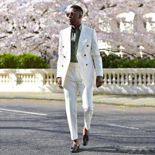 White Double Breasted Mens Wedding Tuxedos Peaked Lapel Slim Fit Wedding Jacket and Pants Suits Tailor Made Blazer