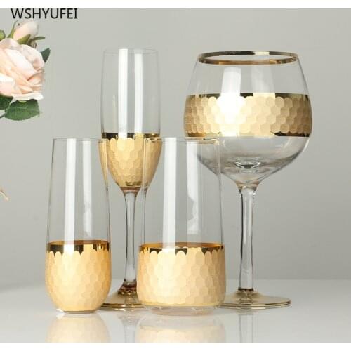 European style glass brandy champagne glass, gold-plated and silver rim wine crystal glass dining table household water glass