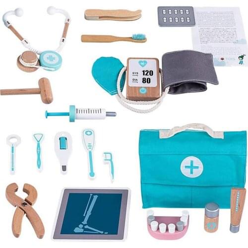 17Pcs Set Children Wooden Doctor Case Role Play Pretend Toy Set With Stethoscope Otoscope And Dental Mirror Toy Kids Gifts