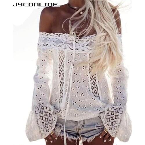 JYConline Sexy Off Shoulder Lace Women Blouse Shirts Flare Sleeve White Blouse Summer Tops Beach Wear Blusas 2019 Chemise Femme