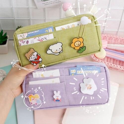Pencil Case Set With 3 Cute Badge Gift Large Capacity Ins Supplies Stationery Gift Tools Storage Back To School