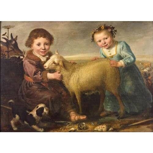 Classic Figure Oil Painting on Canvas Wall Decoration Art Painting Gift for Christmas Two children with a Lamb Hand Painted