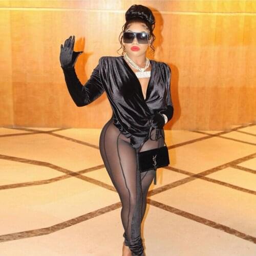 Echoine Autumn Winter Pleated Wrap V-neck Jumpsuit Sexy Sheer Mesh Patchwork Velvet Log Sleeve Rompers Skinny Bodycon Overalls