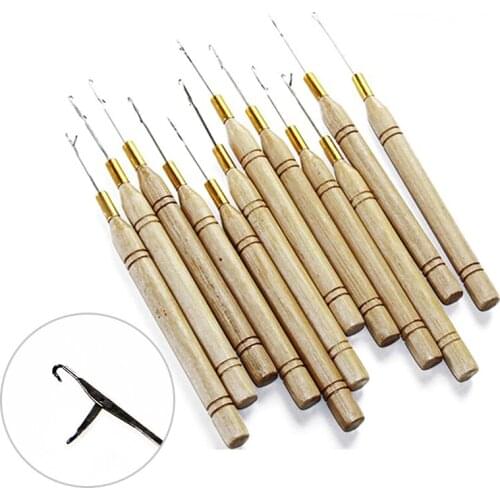 Hook Needle for Braids Hair Wooden Handle Hook Loop Hair Threader Micro Ring Hair Extensions Tools