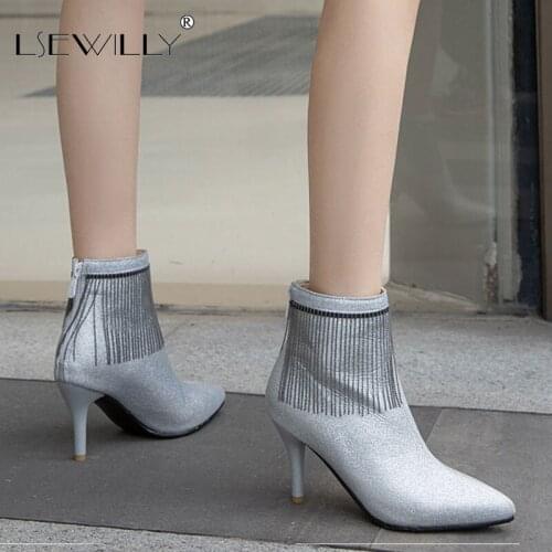 Lsewilly Fashion Stiletto Women Shoes Silver Black Chain Fringe High Heel Sexy Ankle Ladies Boots Party Date Pointed Toe Bootie