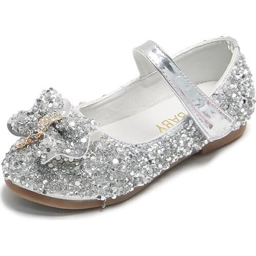 Girls Small Leather Shoes New Spring Fashion Bow-knowt Shoes Childrens Princess Cute Sequins Flats Girls Soft Performance Shoes