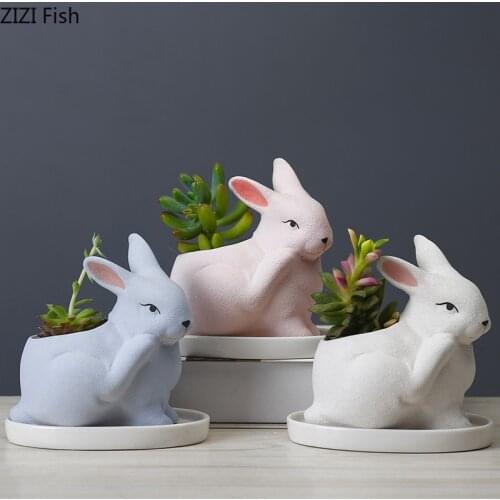 Cute Rabbit Plant Pots Decorative Ceramic Vase Flowers Pots Porcelain Animal Flower Arrangement Modern Floral Nordic Home Decor
