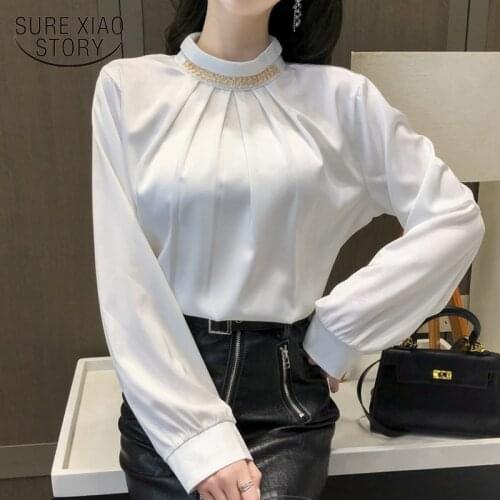Office Lady Stand Collar Shirts Women 2021 Solid Chiffon Blouse Women Long Sleeve Elegant Plus Size Tops Female Blusas 13027
