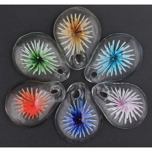 Qianbei Fashion Wholesale 6pcs Handmade Murano Lampwork Glass Mix Color 3D Flower Drop Transparent Pendants Fit Necklace