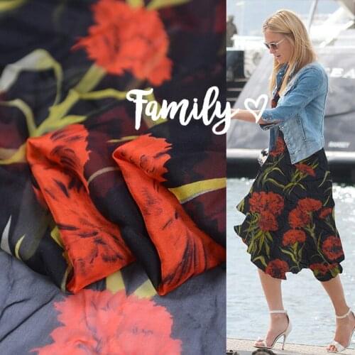 Red rose forest color matching printing and dyeing natural fabric silk chiffon dress scarf wide new fabric