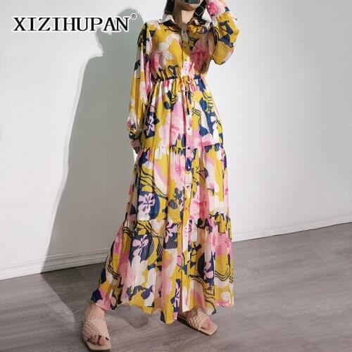 XIZIHUPAN Vintage Hit Color Dress For Women Lapel Lantern Long Sleeve High Waist Print A Line Maxi Dresses Female Summer Stylish