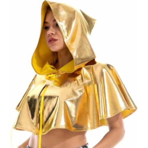 Women Halloween Hooded Short Cloak Holographic Metallic Vampire Cosplay Cape A0NF