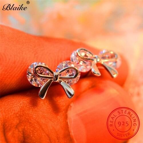 Girls Cute Bowknot Stud Earrings Real s925 Sterling Silver Earrings For Women White Sapphire Crystal Stone Round Zircon Earrings