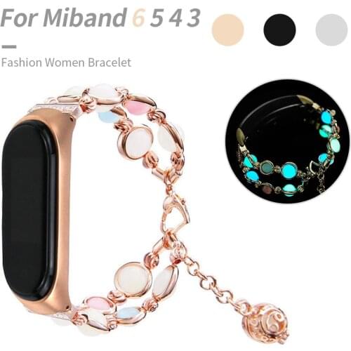 Women Pendant Bracelet for Xiaomi Mi Band 6 5 4 3 Watch Strap for MIband Glow in The Dark Bead Chain Metal Belt Girl Wristband