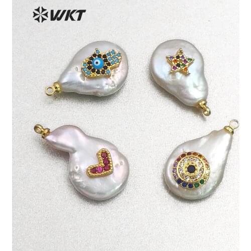 WT-MP133 Natural Freshwater Pearl&CZ Pave Pendant Irregular Shape With Heart& Evil Eye&Crescent& Hamas Charm Pendant