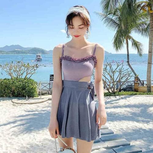 2021 New Hot Sling Tube Top Gathered Folds Waist Side Heart Machine Hollowed Out High Waist Rope Bow Knot Short Skirt Swimsuit