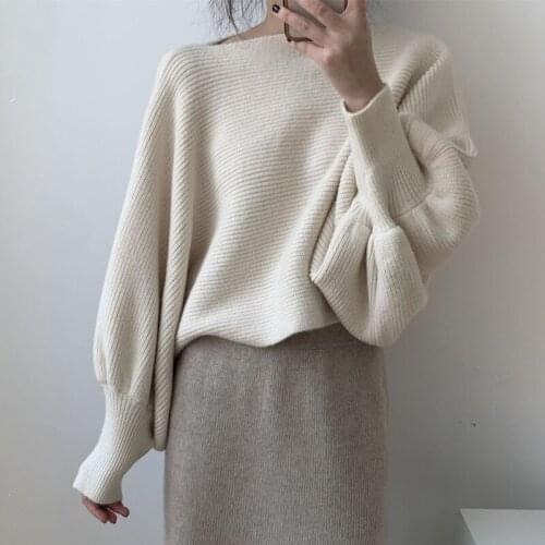 2021 Women Sweater Pure Color O-Neck Knitted Big Puff Sleeve Fashion Sweater Casual Long Sleeve Women Pullovers Pull Femme