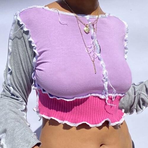 2020 long sleeve patchwork sexy crop top autumn winter women fashion streetwear outfits tshirts club T-shirt y2k e-girl top