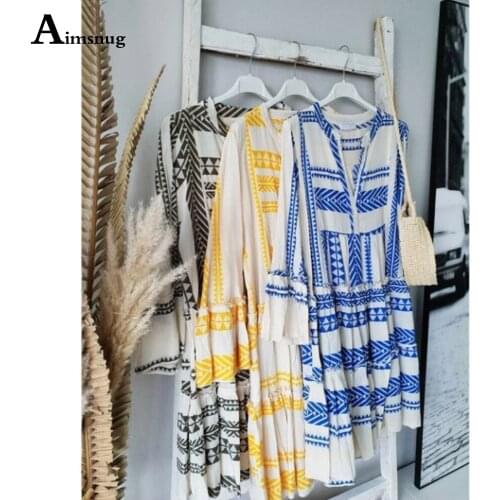 Vintage 2021 Summer Ladies Elegant V-neck Mini Dress Long Sleeve Patchwork Dresses Plus size 3XL Women Bohemian Dress Robe Femme
