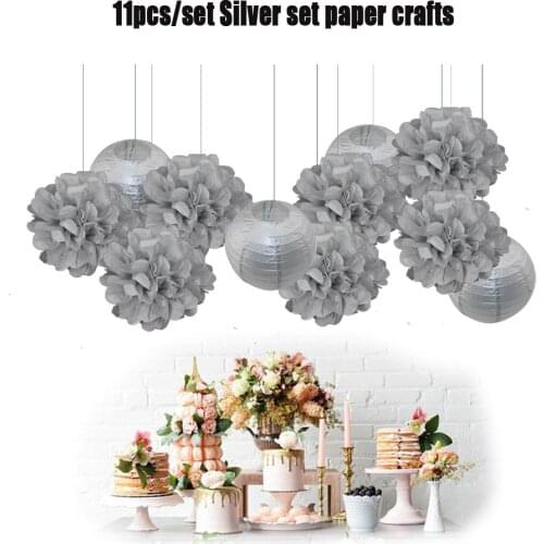 11pcs/set 8" Gold/Silver Round Ball Hanging Paper Lantern 10" Paper Pom Pom Crafts For EID/Christmas/Wedding Party Decoration