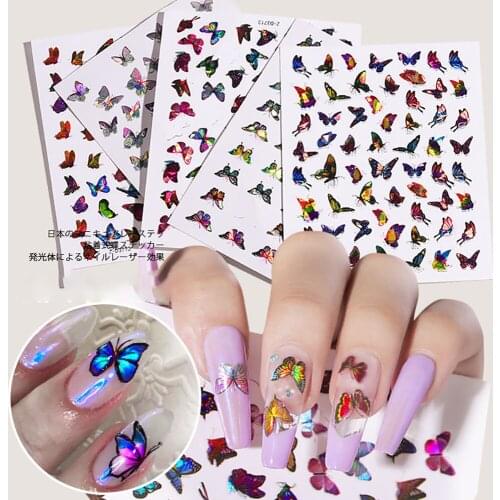 1 Sheet Summer 3D Shiny Butterfly Nail Sticker Waterproof Manicure Nail Decals Adhesive Laser Foils Wrap DIY Nail Art Decor Tool