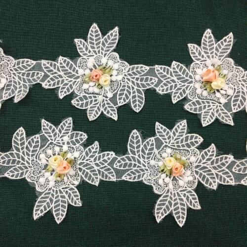 2 yard White Leaves Rose Flower 3D Mesh Embroidered Lace Trim Fabric Ribbon Guipure Trimmings Applique Wedding Dress Decoration