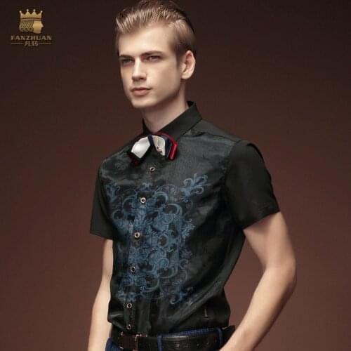 Free Shipping New fashion casual male casual mens Summer Short Sleeved black 2015 Party personality flower shirt 15354 On Sale