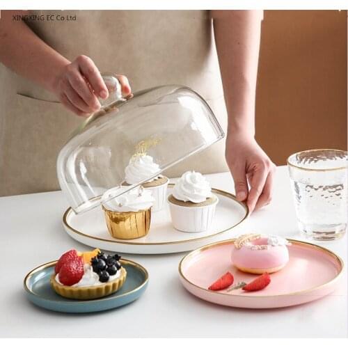 Ceramic Western Food Plate with Glass Cover Cake Tray Phnom Penh Matte Frosted Dessert Plate Fruit Plate Home Decor Storage Tray