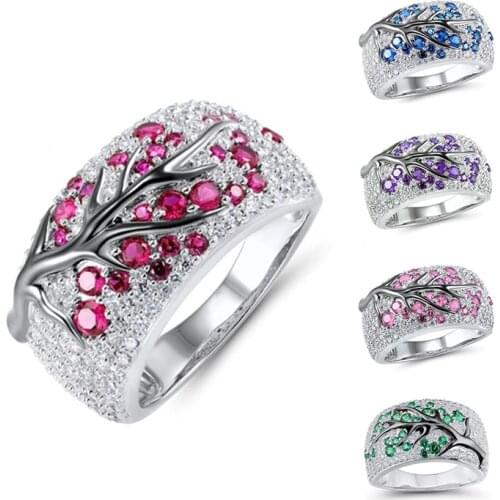Elegant Romantic Plum Branch Ring Crystal Zircon Multicolor Plant Rings Jewelry Best GIft For Women Size 5 - 11