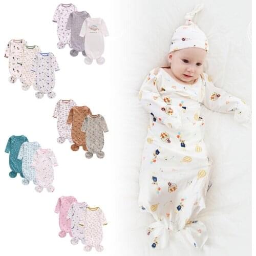 3 Pcs/Set Infant Baby Knotted Sleep Gown Soft Knitted Cotton Sleepwear Romper