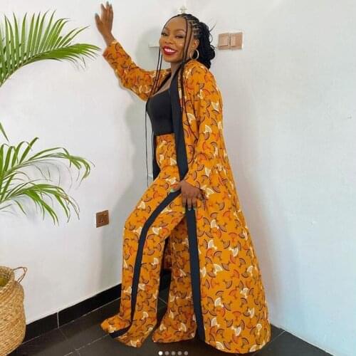 2 Piece Set Dashiki African Women Cardigan Long Trench Tops And Pant Suit Casual Clothes Boho Sexy Two Piece Outfits 2021