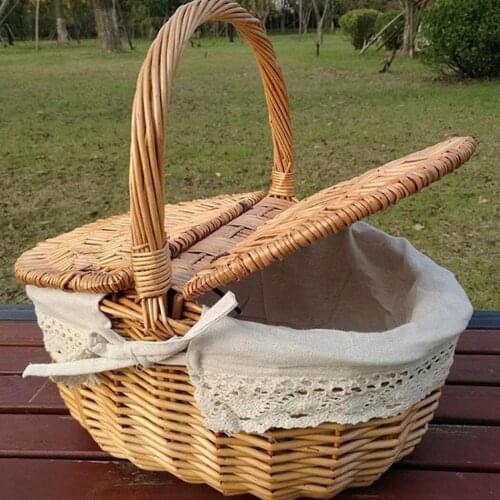 Picnic Basket HandMade Wicker Bag English Camping Shopping Storage Hamper With Lid Picnic Food Basket Woven Fruit Storage Basket