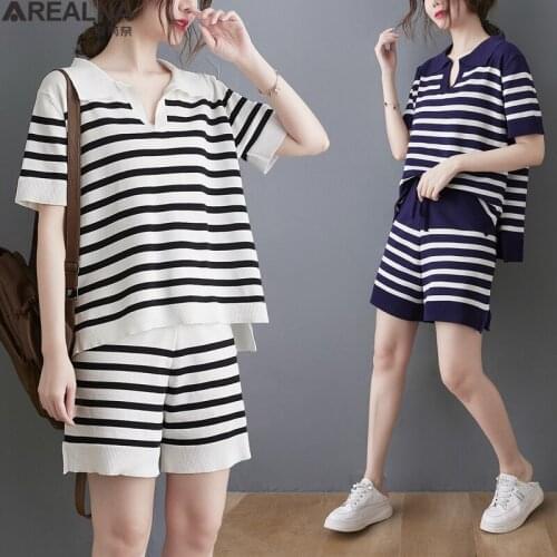 Plus size Summer knit Sets Women Casual two piece set women Short Sleeve top and High Waist shorts sets stripe Outfits Tracksuit