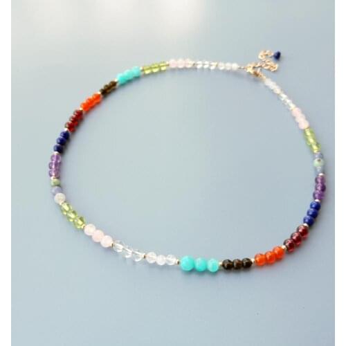 Lii Ji Natural Multi Stone Necklace Rose Quartz Peridot Amazonite Moonstone Lapis Lazuli US 14K GF Delicated Necklace 38cm+5cm