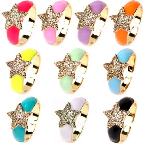 EYIKA Trendy Gold Plated Fill Shiny Star Zircon Open Rings for Women Girl Mix Color Neon Enamel Copper Finger Ring Jewelry Gift