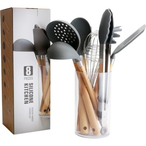 8 pcs Silicone Cooking Utensil Set Wooden Handle Spatula Soup Spoon Brush Ladle Pasta Colander Non-stick Cookware Kitchen Tools