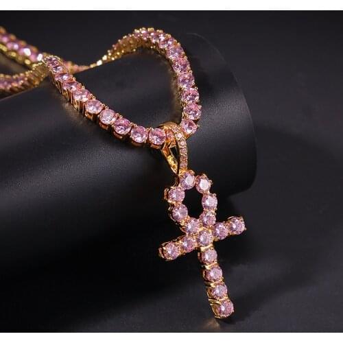 New Arrival Hip Hop Bling Color Zircon Ankh Pendant Iced Out Tennis Chain Set Copper Inlaid Zircon Multi-Color Optional Jewelry