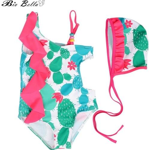 1-6Y Baby Girls Swimsuit with Swimming Cap 2021 Summer Cactus Printed Ruffled Bikini Kids Beachwear Children Bathing Suits