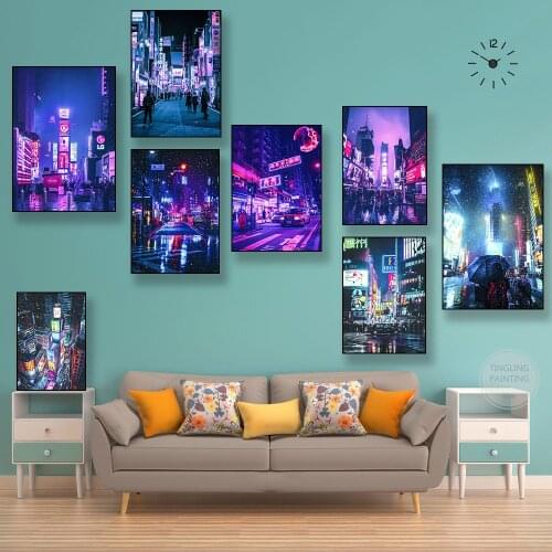 City Night View Poster Neon Prints Colorful Canvas Wall Art Painting Cafe Bar Living Room Lounge Game Room Dorm theme Decor