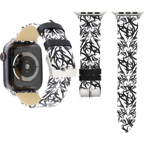 Genuine Leather Bracelet Strap for Apple Watch band 4 44/40mm Thorns Printing Pattern Compatible for iWatch series 3 2 1 42/38mm